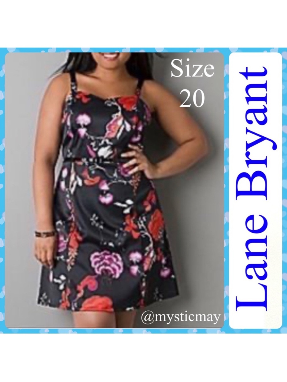LANE BRYANT Black Satin Sleeveless Red Pink Floral Cocktail Dress Size 20 or 1X